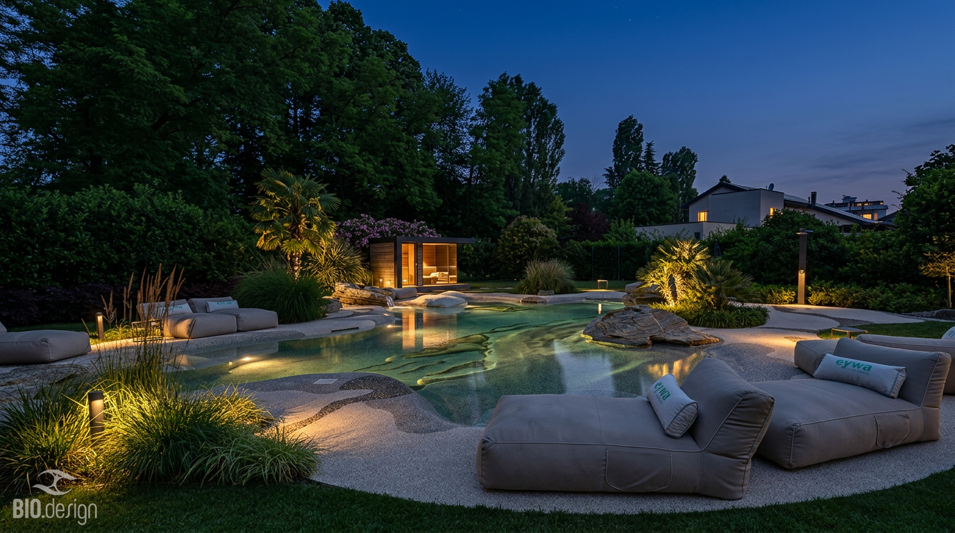 Bio.design-Pool in der Abenddämmerung